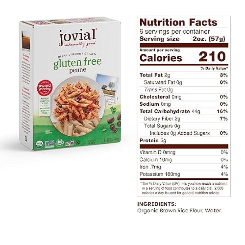 JOVIAL ORGANIC GLUTEN-FREE WHOLE GRAIN BROWN RICE PENNE PASTA - 12 OZ, 12 PACK