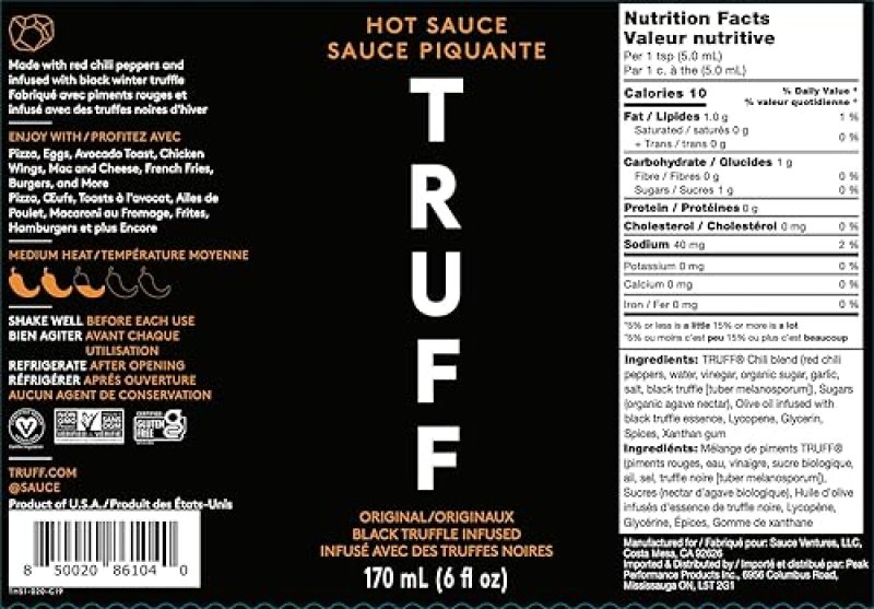 TRUFF ORIGINAL BLACK TRUFFLE HOT SAUCE 6 OZ - GOURMET SAUCE WITH CHILI PEPPERS, TRUFFLE OIL & AGAVE NECTAR