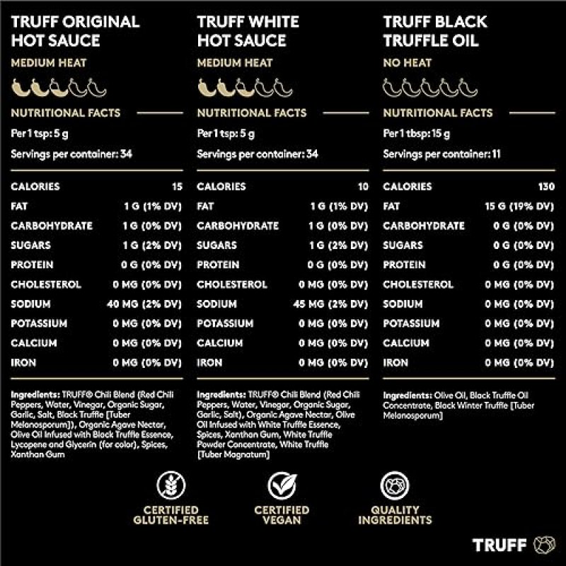 TRUFF GOURMET HOT SAUCE SAMPLER PACK: ORIGINAL, WHITE TRUFFLE, BLACK TRUFFLE OIL - 3-BOTTLE BUNDLE