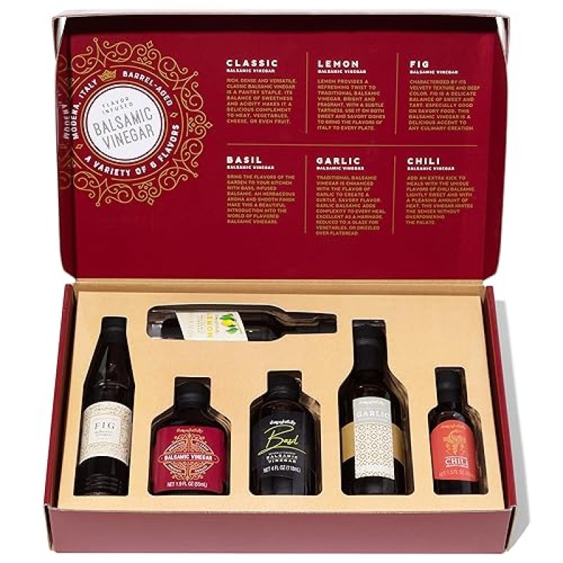 THOUGHTFULLY BALSAMIC VINEGAR GIFT SET WITH FIG, CHILI, GARLIC FLAVORS, IGP CERTIFIED, CRAFTED IN MODENA, ITALY - PACK OF 6