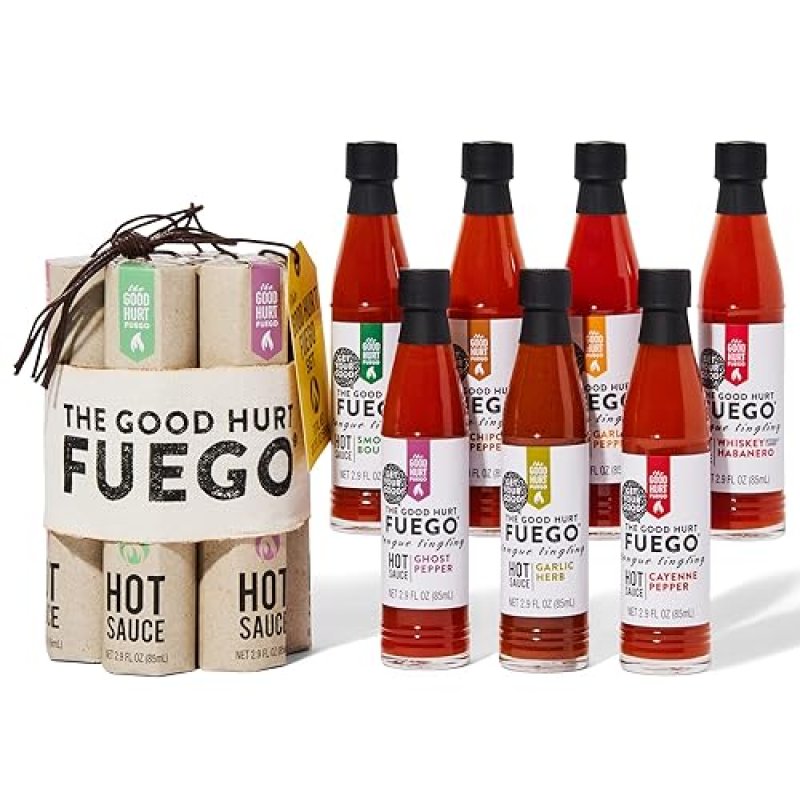 THOUGHTFULLY GOOD HURT FUEGO HOT SAUCE GIFT SET: SAMPLER PACK OF 7 EXOTIC FLAVORS FROM AROUND THE WORLD