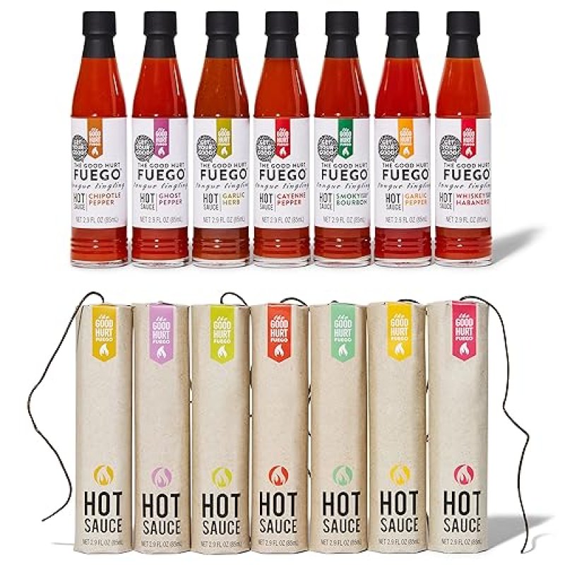 THOUGHTFULLY GOOD HURT FUEGO HOT SAUCE GIFT SET: SAMPLER PACK OF 7 EXOTIC FLAVORS FROM AROUND THE WORLD
