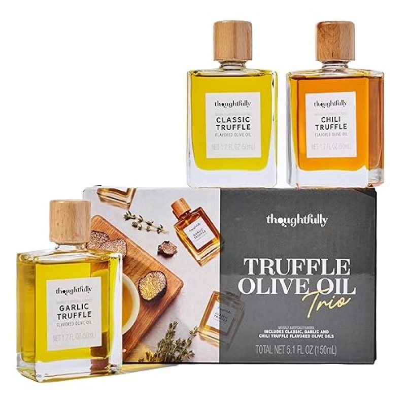THOUGHTFULLY TRUFFLE OIL TRIO SET - CLASSIC, GARLIC, AND CHILI INFUSED OLIVE OIL, 1.7 OZ GLASS BOTTLES X3