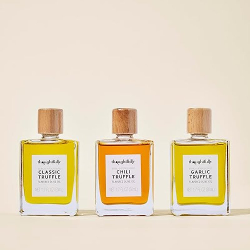 THOUGHTFULLY TRUFFLE OIL TRIO SET - CLASSIC, GARLIC, AND CHILI INFUSED OLIVE OIL, 1.7 OZ GLASS BOTTLES X3