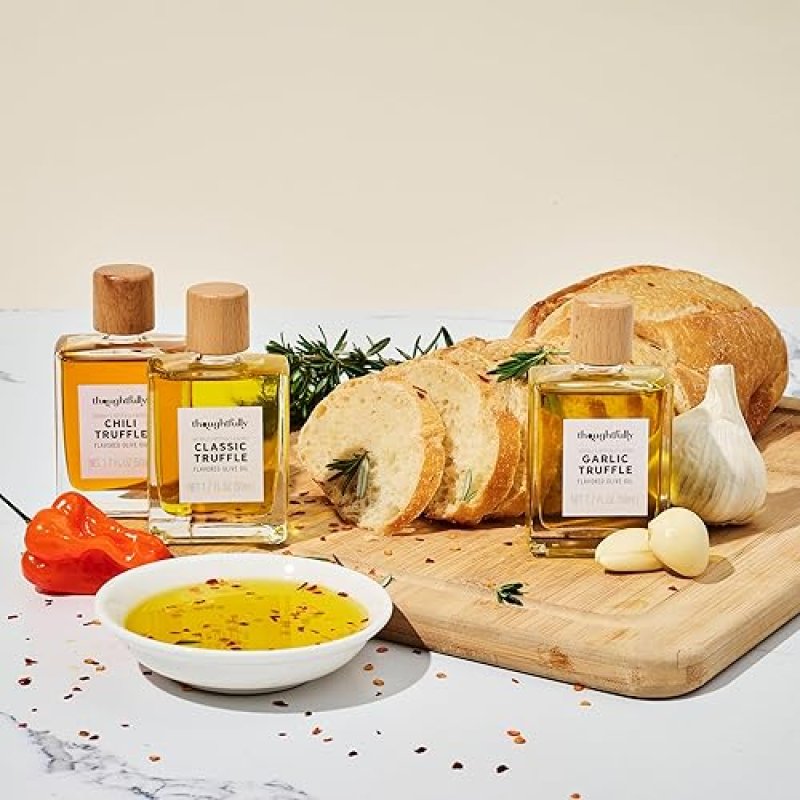 THOUGHTFULLY TRUFFLE OIL TRIO SET - CLASSIC, GARLIC, AND CHILI INFUSED OLIVE OIL, 1.7 OZ GLASS BOTTLES X3