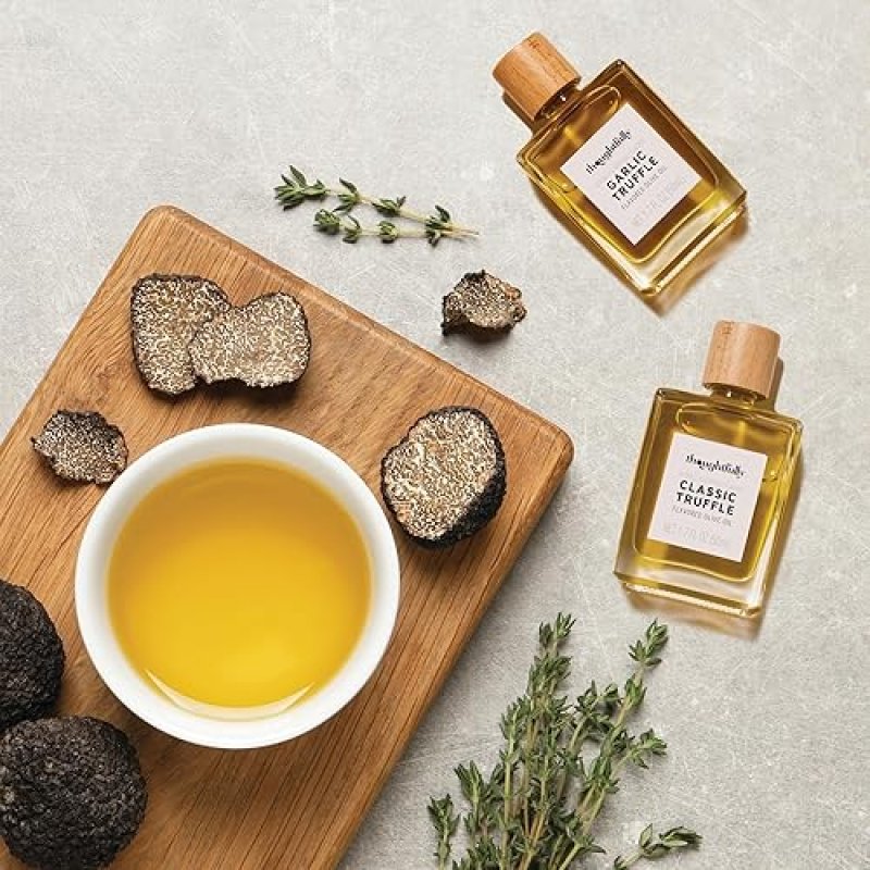 THOUGHTFULLY TRUFFLE OIL TRIO SET - CLASSIC, GARLIC, AND CHILI INFUSED OLIVE OIL, 1.7 OZ GLASS BOTTLES X3
