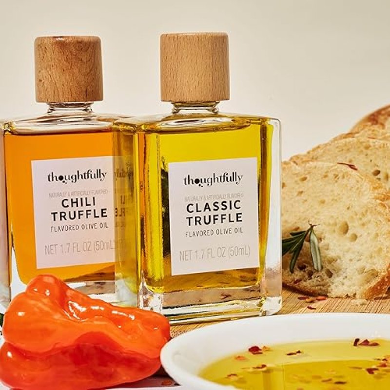 THOUGHTFULLY TRUFFLE OIL TRIO SET - CLASSIC, GARLIC, AND CHILI INFUSED OLIVE OIL, 1.7 OZ GLASS BOTTLES X3