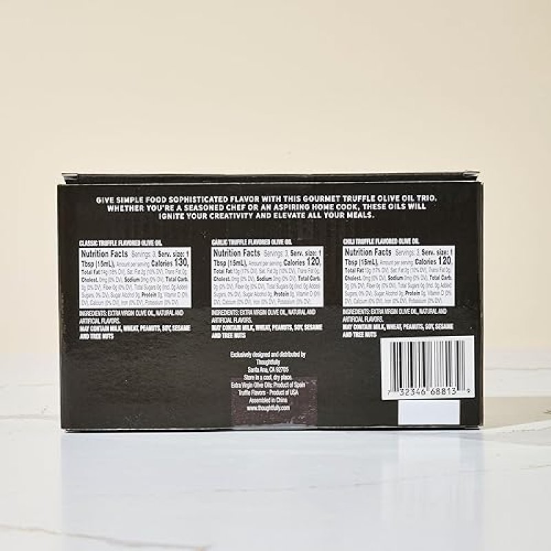 THOUGHTFULLY TRUFFLE OIL TRIO SET - CLASSIC, GARLIC, AND CHILI INFUSED OLIVE OIL, 1.7 OZ GLASS BOTTLES X3