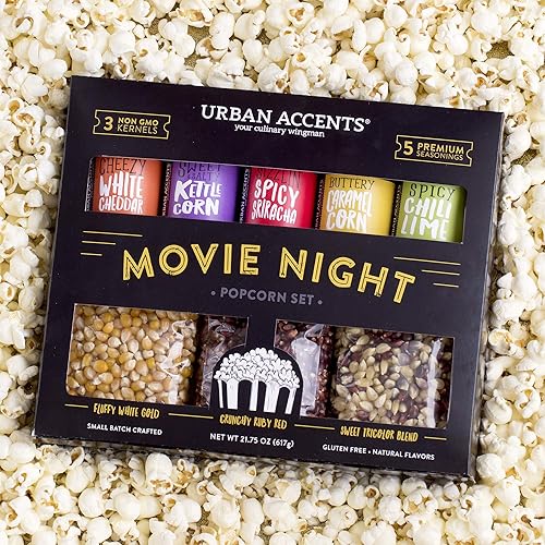 URBAN ACCENTS MOVIE NIGHT POPCORN VARIETY PACK - 3 NON-GMO KERNELS & 5 GOURMET SEASONINGS