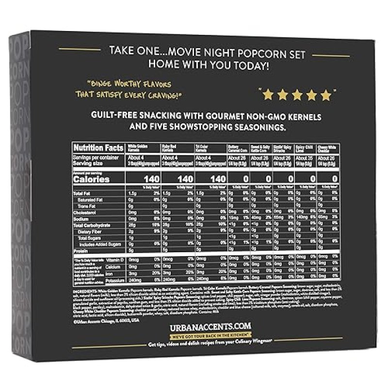 URBAN ACCENTS MOVIE NIGHT POPCORN VARIETY PACK - 3 NON-GMO KERNELS & 5 GOURMET SEASONINGS