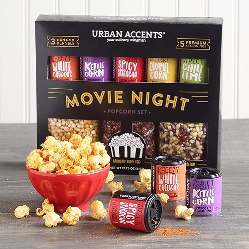 URBAN ACCENTS MOVIE NIGHT POPCORN VARIETY PACK - 3 NON-GMO KERNELS & 5 GOURMET SEASONINGS