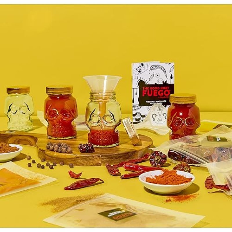 THOUGHTFULLY DIY HOT SAUCE SET WITH SKULL-SHAPED JARS, SEASONINGS, AND RECIPE BOOK