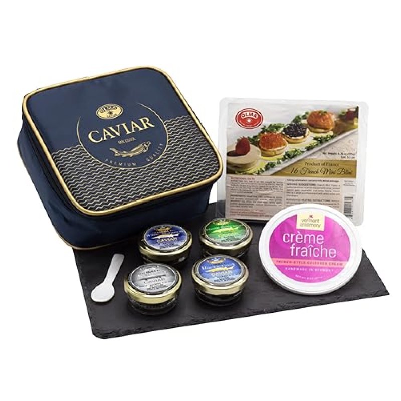 OLMA REGAL CAVIAR GIFT SET - 4 OZ (112G) OF PREMIUM FRESH ROE FISH EGGS WITH KALUGA ROYAL, SIBERIAN OSETRA AURORA, HACKLEBACK, WHITE STURGEON, SPOON & BLINIS