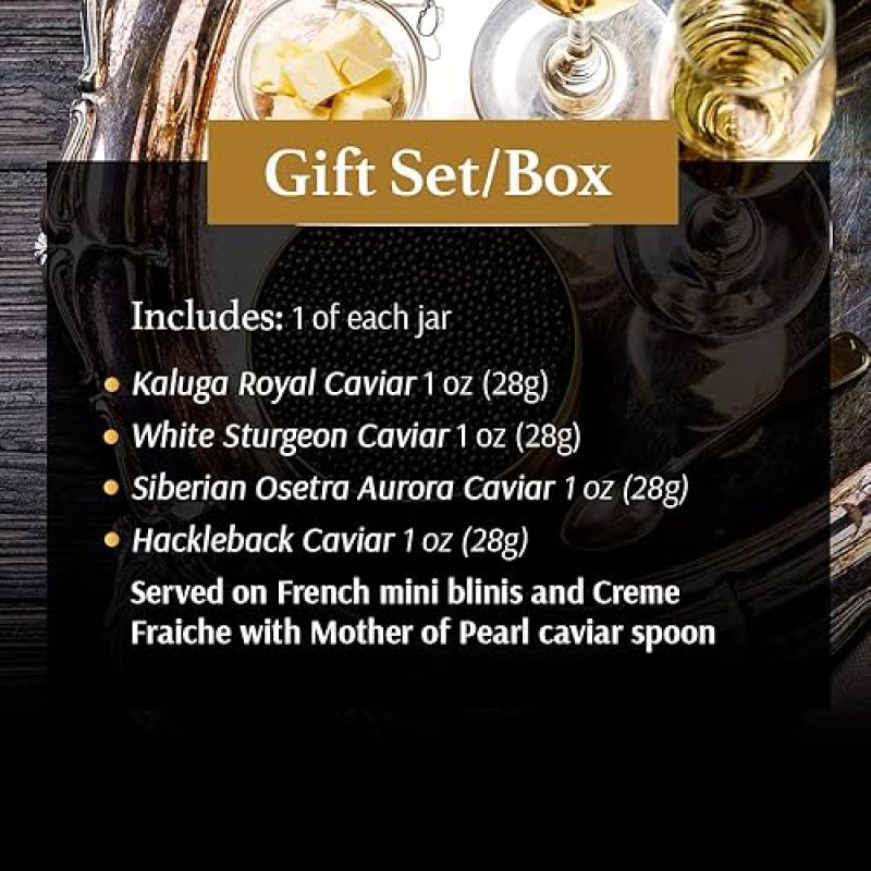 OLMA REGAL CAVIAR GIFT SET - 4 OZ (112G) OF PREMIUM FRESH ROE FISH EGGS WITH KALUGA ROYAL, SIBERIAN OSETRA AURORA, HACKLEBACK, WHITE STURGEON, SPOON & BLINIS