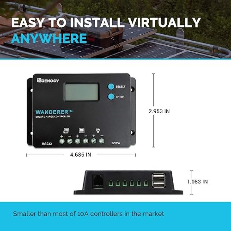RENOGY 10A PWM SOLAR CHARGE CONTROLLER WITH LCD DISPLAY FOR AGM, GEL, FLOODED, LITHIUM BATTERY - COMPACT DESIGN, 12V/24V NEGATIVE GROUND