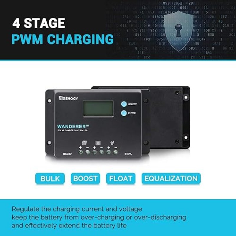 RENOGY 10A PWM SOLAR CHARGE CONTROLLER WITH LCD DISPLAY FOR AGM, GEL, FLOODED, LITHIUM BATTERY - COMPACT DESIGN, 12V/24V NEGATIVE GROUND