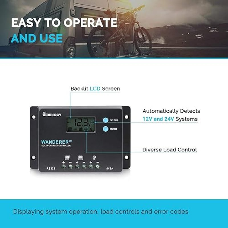 RENOGY 10A PWM SOLAR CHARGE CONTROLLER WITH LCD DISPLAY FOR AGM, GEL, FLOODED, LITHIUM BATTERY - COMPACT DESIGN, 12V/24V NEGATIVE GROUND