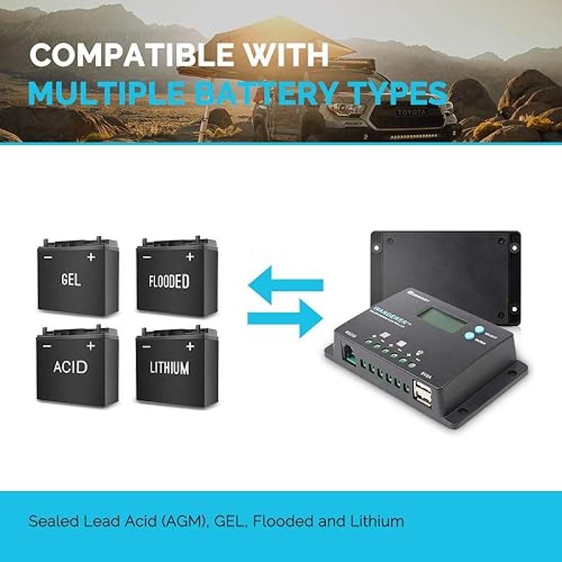 RENOGY 10A PWM SOLAR CHARGE CONTROLLER WITH LCD DISPLAY FOR AGM, GEL, FLOODED, LITHIUM BATTERY - COMPACT DESIGN, 12V/24V NEGATIVE GROUND