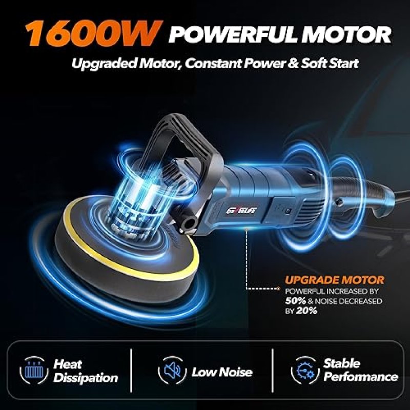 GEVEELIFE 1600W 6"/7" CAR BUFFER POLISHER WAXER, 7 SPEEDS, DETACHABLE HANDLE FOR CAR/BOAT, SANDING, POLISHING