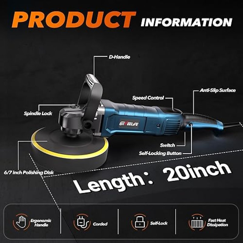 GEVEELIFE 1600W 6"/7" CAR BUFFER POLISHER WAXER, 7 SPEEDS, DETACHABLE HANDLE FOR CAR/BOAT, SANDING, POLISHING
