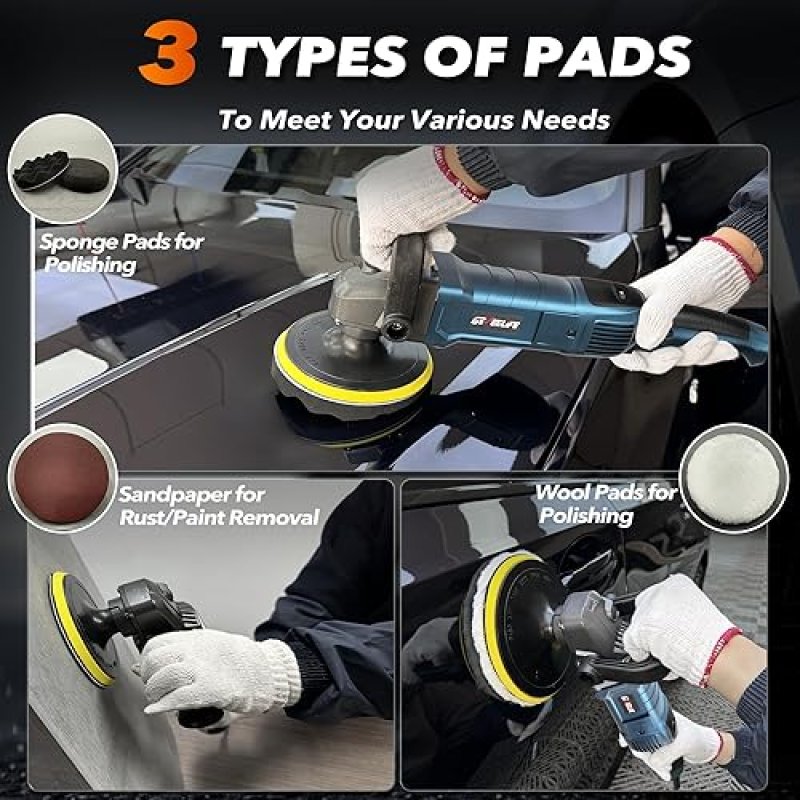 GEVEELIFE 1600W 6"/7" CAR BUFFER POLISHER WAXER, 7 SPEEDS, DETACHABLE HANDLE FOR CAR/BOAT, SANDING, POLISHING