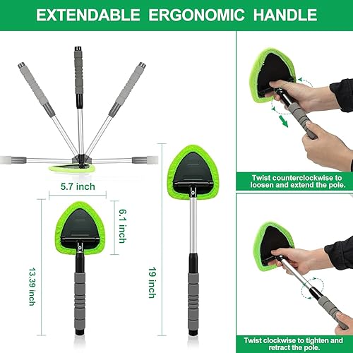 XINDELL WINDSHIELD CLEANER TOOL - CAR WINDOW CLEANING KIT WITH EXTENDABLE HANDLE & MICROFIBER PADS FOR VEHICLES & HOME
