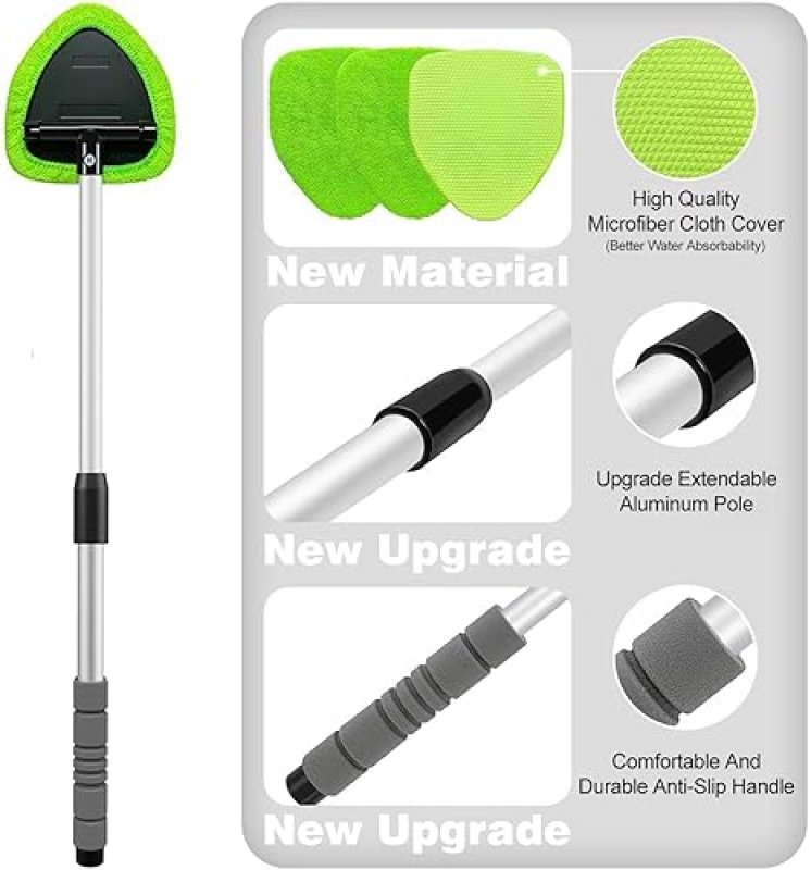 XINDELL WINDSHIELD CLEANER TOOL - CAR WINDOW CLEANING KIT WITH EXTENDABLE HANDLE & MICROFIBER PADS FOR VEHICLES & HOME
