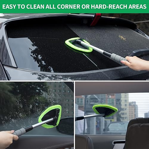 XINDELL WINDSHIELD CLEANER TOOL - CAR WINDOW CLEANING KIT WITH EXTENDABLE HANDLE & MICROFIBER PADS FOR VEHICLES & HOME