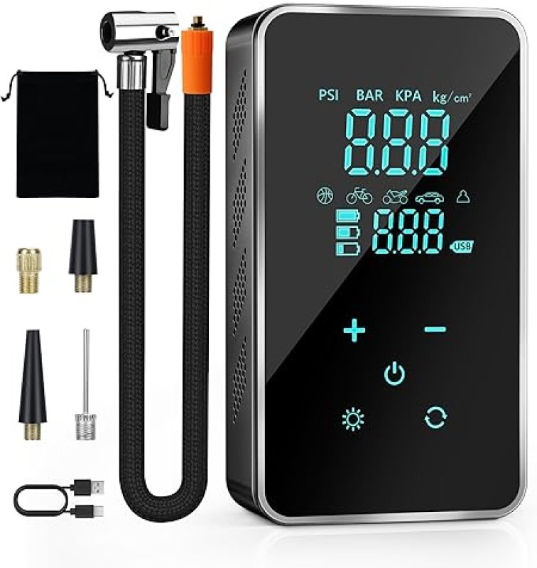 PRILOTTE PORTABLE TIRE INFLATOR WITH TOUCH SCREEN - 150 PSI AIR COMPRESSOR FOR CAR TIRES, BIKE, MOTORCYCLE - BLACK GREEN