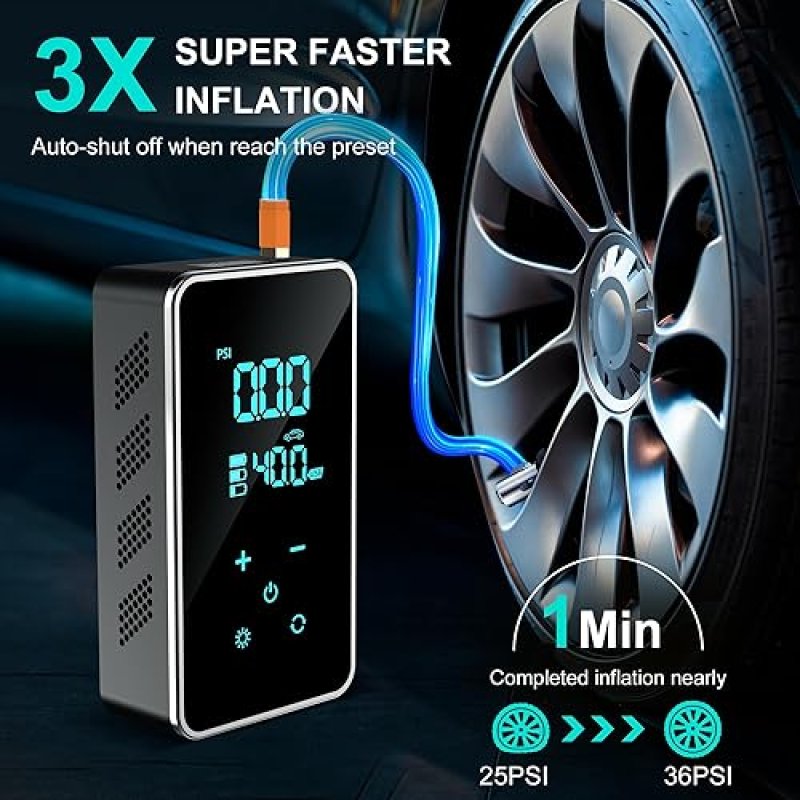 PRILOTTE PORTABLE TIRE INFLATOR WITH TOUCH SCREEN - 150 PSI AIR COMPRESSOR FOR CAR TIRES, BIKE, MOTORCYCLE - BLACK GREEN