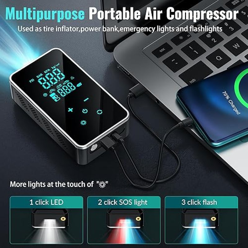 PRILOTTE PORTABLE TIRE INFLATOR WITH TOUCH SCREEN - 150 PSI AIR COMPRESSOR FOR CAR TIRES, BIKE, MOTORCYCLE - BLACK GREEN