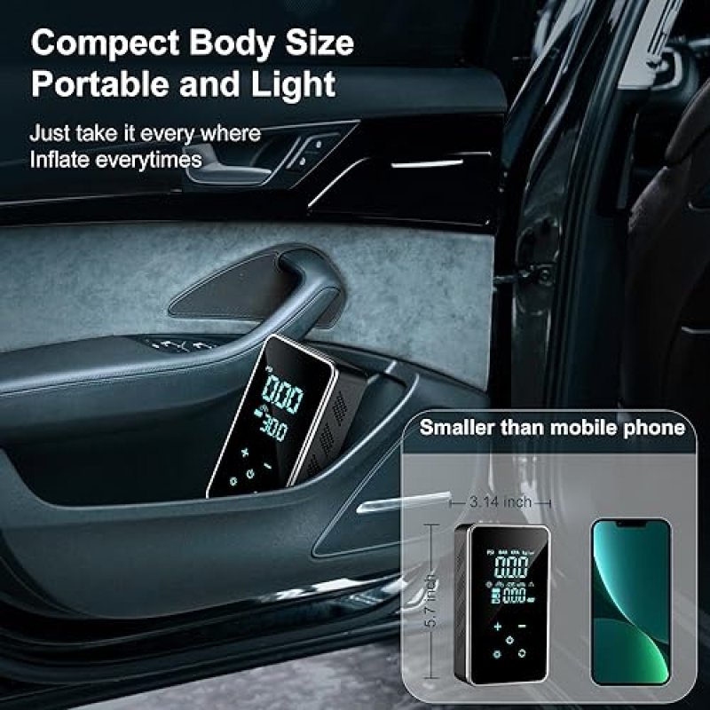 PRILOTTE PORTABLE TIRE INFLATOR WITH TOUCH SCREEN - 150 PSI AIR COMPRESSOR FOR CAR TIRES, BIKE, MOTORCYCLE - BLACK GREEN
