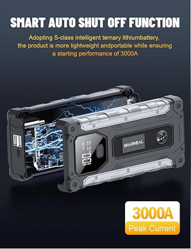 FOSHAN 3000A CAR JUMP STARTER FOR 9.0L GAS & 7.0L DIESEL ENGINES, PORTABLE 12V JUMP BOX WITH LED LIGHT
