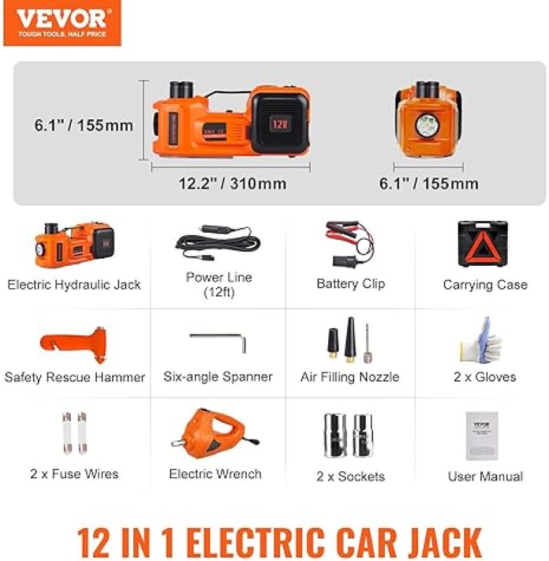 VEVOR ELECTRIC CAR JACK, 5 TON/11023 LBS HYDRAULIC JACK LIFT WITH ELECTRIC IMPACT WRENCH, BUILT