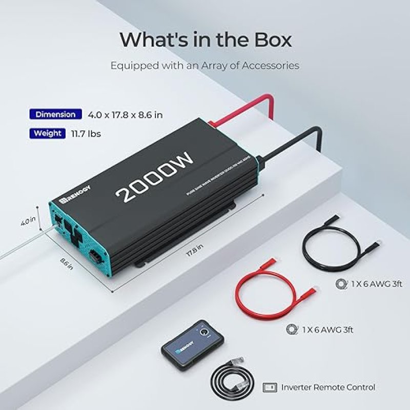 RENOGY INVERTER P2 2000W PURE SINE WAVE INVERTER 12V DC TO 110V AC CONVERTER, OFF-GRID SOLAR POWER
