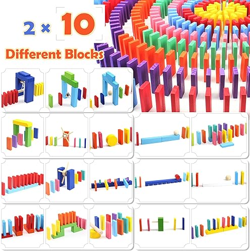 WOOD CITY 1000 PIECE DOMINOES SET FOR KIDS WITH EXTRA 20 BLOCKS, COLORFUL DOMINOS TILES FOR BUILDING