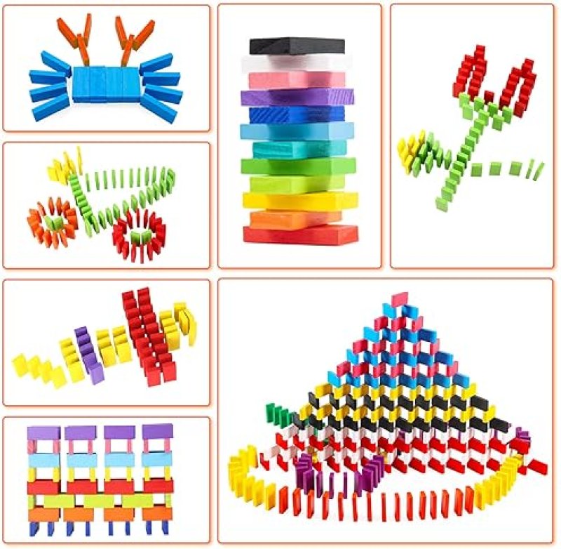 WOOD CITY 1000 PIECE DOMINOES SET FOR KIDS WITH EXTRA 20 BLOCKS, COLORFUL DOMINOS TILES FOR BUILDING