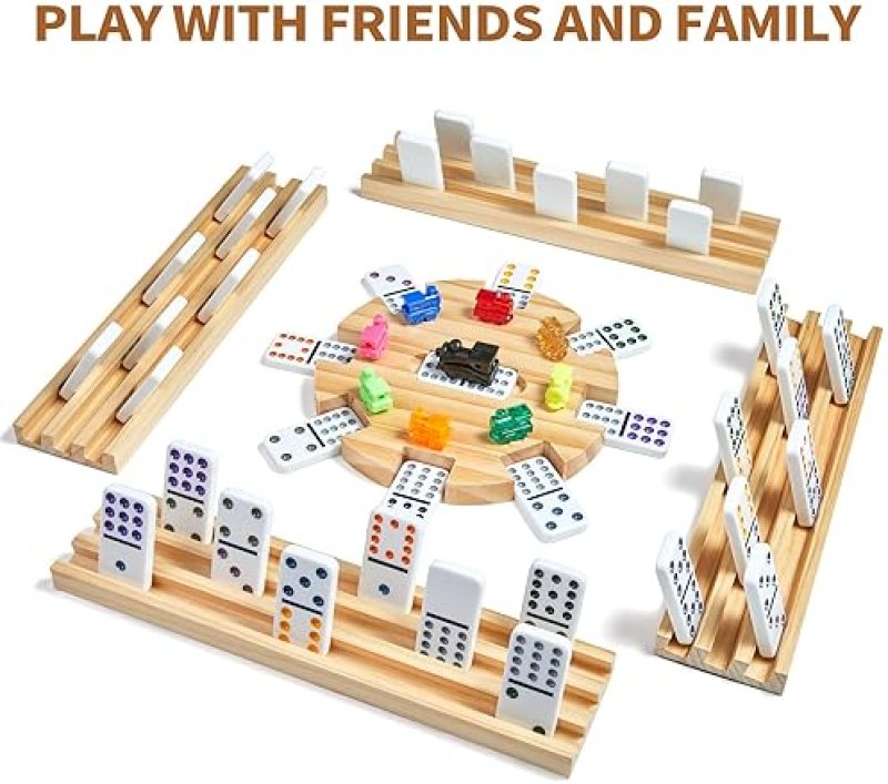 ELONGDI MEXICAN TRAIN DOUBLE 12 DOMINOES SET WITH 4 WOODEN TRAYS/RACKS IN PORTABLE CARRYING CASE COLORFUL 91