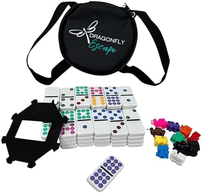 DRAGONFLY ESCAPE TRAVEL DOMINO SET – DOUBLE 9 DOMINOES WITH BRIGHT COLORED DOTS, MEXICAN TRAIN HUB & MARKERS, CANVAS