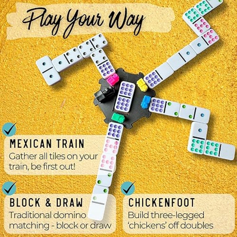 DRAGONFLY ESCAPE TRAVEL DOMINO SET – DOUBLE 9 DOMINOES WITH BRIGHT COLORED DOTS, MEXICAN TRAIN HUB & MARKERS, CANVAS