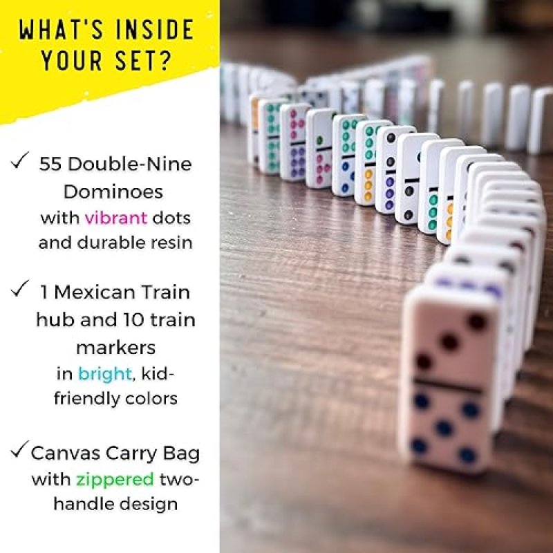 DRAGONFLY ESCAPE TRAVEL DOMINO SET – DOUBLE 9 DOMINOES WITH BRIGHT COLORED DOTS, MEXICAN TRAIN HUB & MARKERS, CANVAS