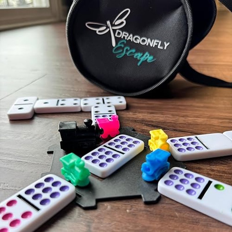 DRAGONFLY ESCAPE TRAVEL DOMINO SET – DOUBLE 9 DOMINOES WITH BRIGHT COLORED DOTS, MEXICAN TRAIN HUB & MARKERS, CANVAS