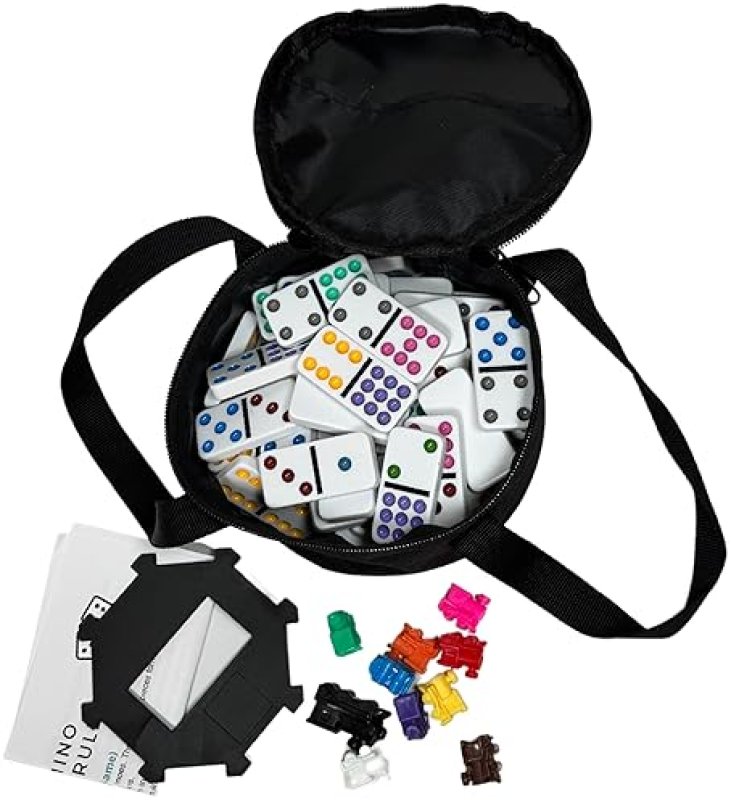 DRAGONFLY ESCAPE TRAVEL DOMINO SET – DOUBLE 9 DOMINOES WITH BRIGHT COLORED DOTS, MEXICAN TRAIN HUB & MARKERS, CANVAS
