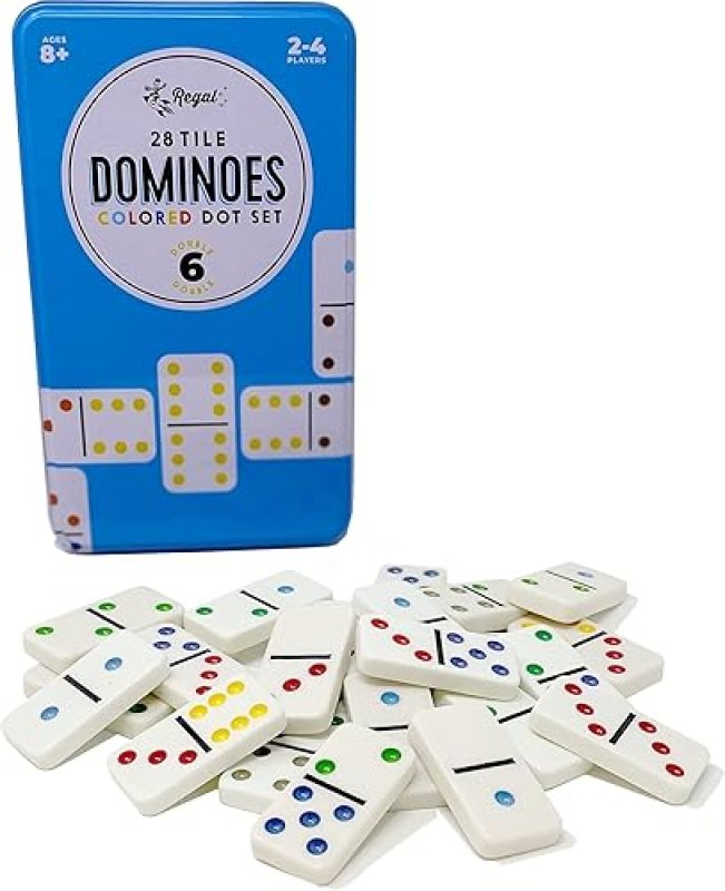 REGAL GAMES DOUBLE 6 DOMINOES SET FOR ADULTS & KIDS - CLASSIC DOMINO GAME WITH 28 TILES COLORED DOTS