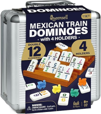 QUEENSELL MEXICAN TRAIN DOMINOES SET WITH NUMBERS AND 4 HOLDERS - WOODEN HUB AND DOMINO HOLDERS - DO