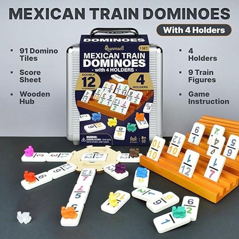 QUEENSELL MEXICAN TRAIN DOMINOES SET WITH NUMBERS AND 4 HOLDERS - WOODEN HUB AND DOMINO HOLDERS - DO