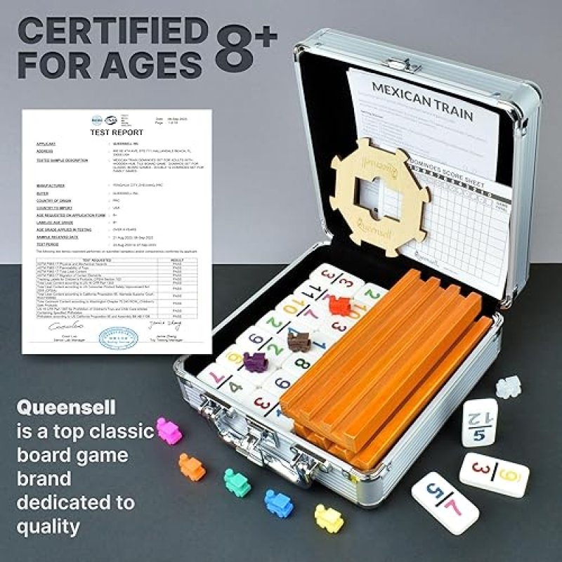 QUEENSELL MEXICAN TRAIN DOMINOES SET WITH NUMBERS AND 4 HOLDERS - WOODEN HUB AND DOMINO HOLDERS - DO