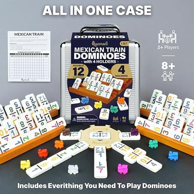 QUEENSELL MEXICAN TRAIN DOMINOES SET WITH NUMBERS AND 4 HOLDERS - WOODEN HUB AND DOMINO HOLDERS - DO