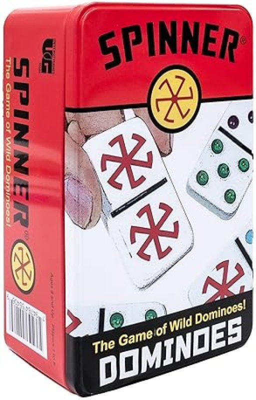 UNIVERSITY GAMES FRONT PORCH CLASSICS, SPINNER COLORED DOT DOMINOES SET, ON-THE-GO TRAVEL STORAGE TIN 2 TO 8 PLAYERS