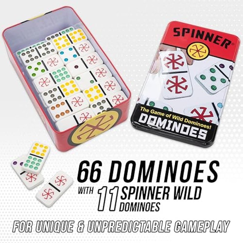 UNIVERSITY GAMES FRONT PORCH CLASSICS, SPINNER COLORED DOT DOMINOES SET, ON-THE-GO TRAVEL STORAGE TIN 2 TO 8 PLAYERS